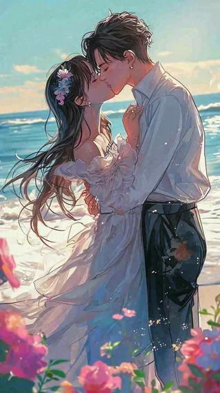 海边阳光沙滩情侣婚纱照爱情甜蜜情人节手绘插画