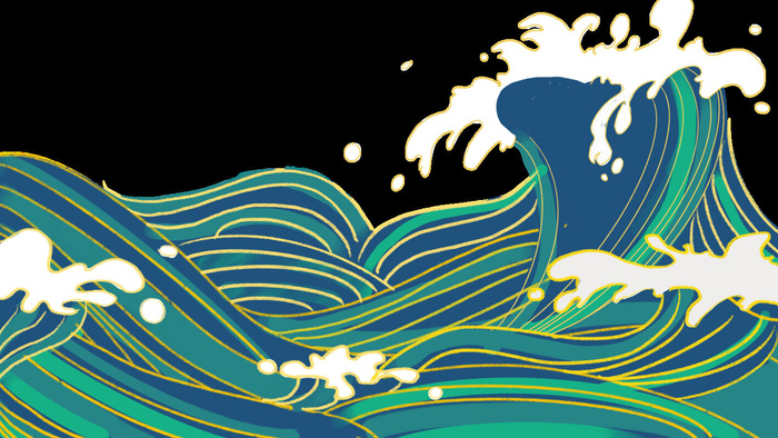 中国风国潮插画海浪波浪背景装饰浪花图案元素(9448x5316)psd模版下载