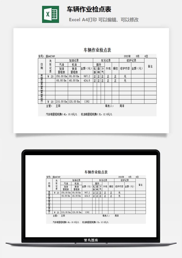 车辆作业检点表excel模板