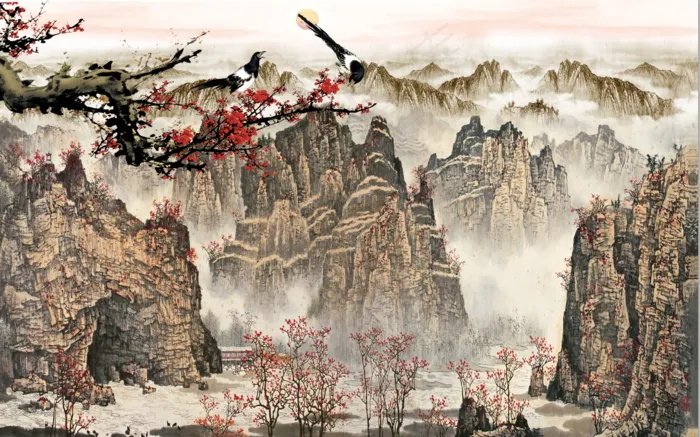 新中式简笔画山水花鸟梅花丹客厅卧室走廊装饰画玄关壁画图画海报高清背景图psd模版下载