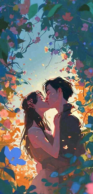 森林花丛里情侣拥抱亲吻爱情手绘插画，情人节