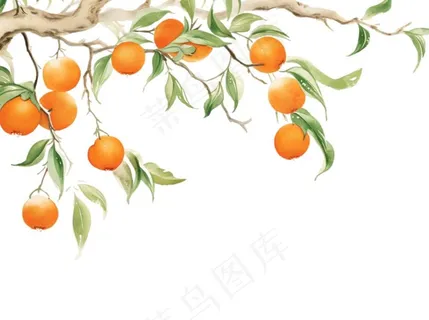 秋 柿子树水彩画插画免抠