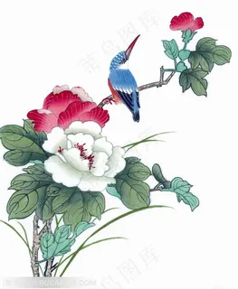 中国画水墨画-花朵花卉上的翠鸟 中国画水墨画-花朵花卉上的翠鸟