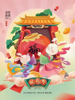 2023兔年新年春节喜庆中国风兔子活动营销海报模板PSD设计素材