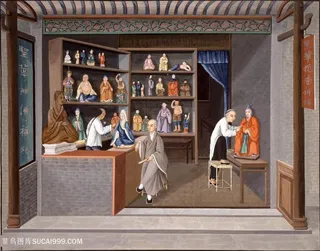 古代神像集市贸易场景绘画图片