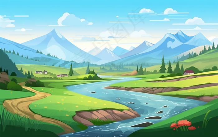 乡村村庄美丽风景河流插画农田插画背景(1376x864)