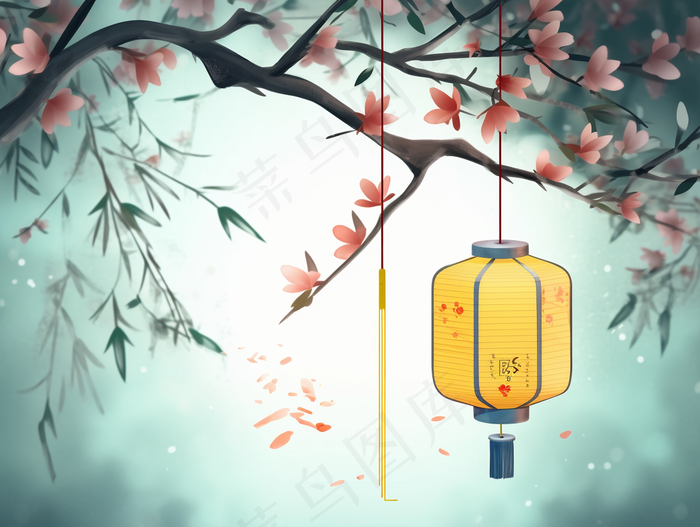 古风树枝挂灯笼花枝头插画素材(3696x2784)