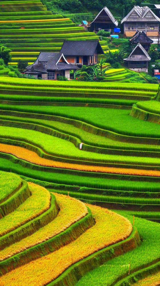 春天唯美绿色梯田种植，乡村小屋，谷雨摄影图