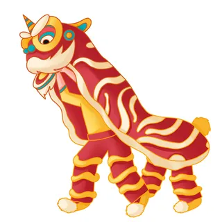 新年春节虎年元宵手绘人物舞狮卡通狮子头插画元素PSD设计素材