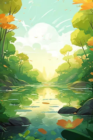 黄绿色荷花池温馨插画背景