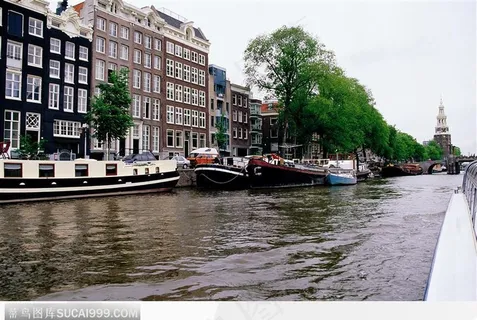 河边的船只树木楼房