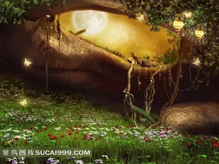 森林草地夜晚唯美图片