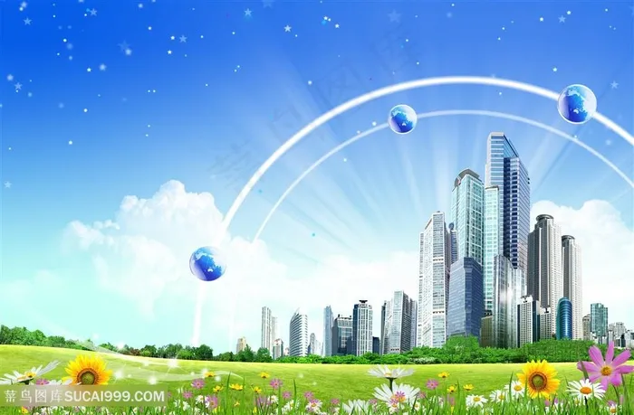 草地高楼风景画韩式自然背景