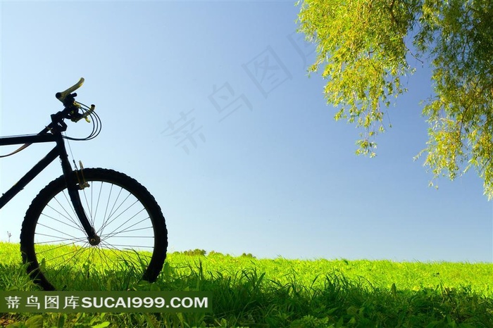 草原上放着自行车图片素材