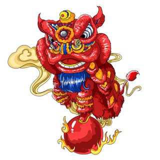 新年春节虎年元宵手绘人物舞狮卡通狮子头插画元素PSD设计素材