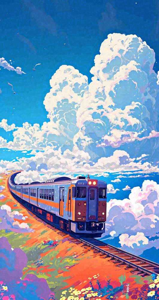 彩色绚丽彩虹蓝天白云铁路火车动车手绘插画(800x1504)