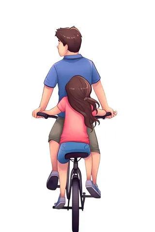 父亲骑自行车载着孩子免抠