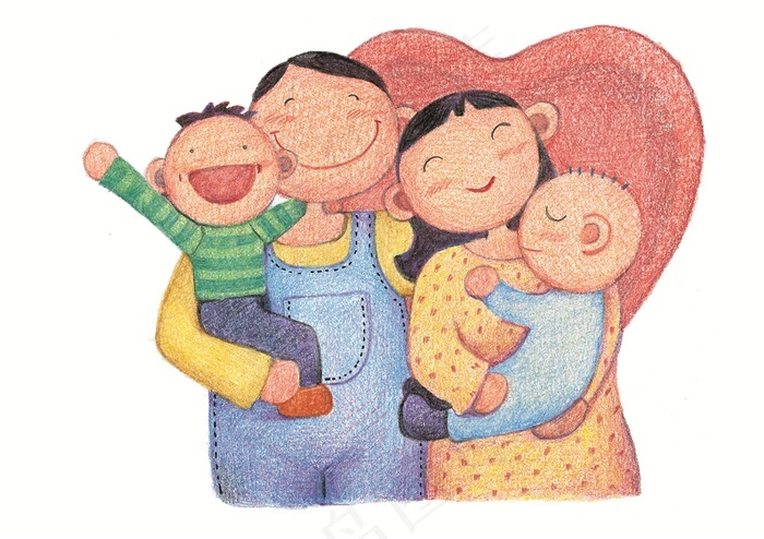 四口之家蜡笔画