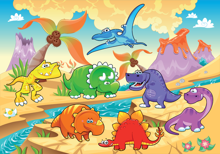 卡通风景恐龙和火山