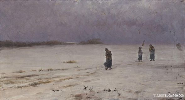 行走人物油画风景画