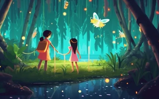 夜晚森林萤火虫蝴蝶插画背景 夜晚森林萤火虫蝴蝶插画背景