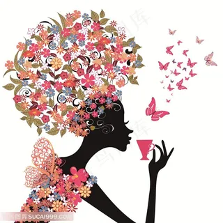 唯美花卉美女蝴蝶插画