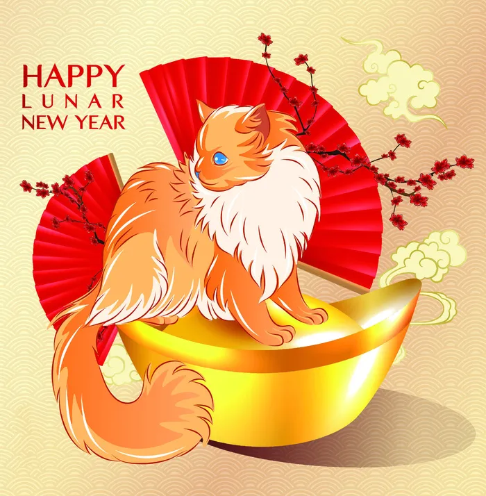 手绘新年猫年红色背景eps,ai矢量模版下载