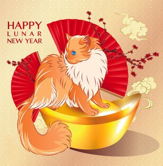 手绘新年猫年红色背景