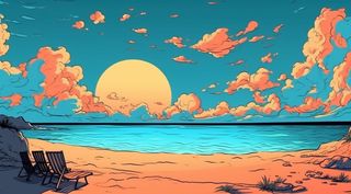 海边度假，极简背景风格，充满活力的漫画，充满活力的卡通插画背景，浅棕色和天蓝色