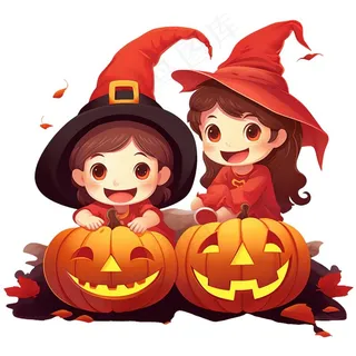 万圣节女巫南瓜灯捣蛋卡通插画免抠