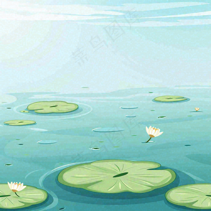 中国风夏日荷塘池白色荷花盛开手绘插画，立夏夏至大暑小暑(1024x1024)
