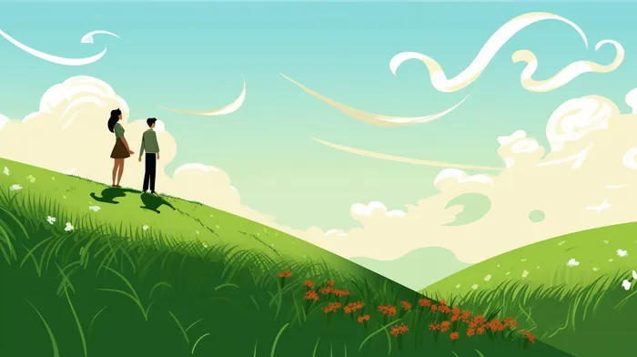情侣在草原山坡上风吹白云蓝天卡通插画素材(x)
