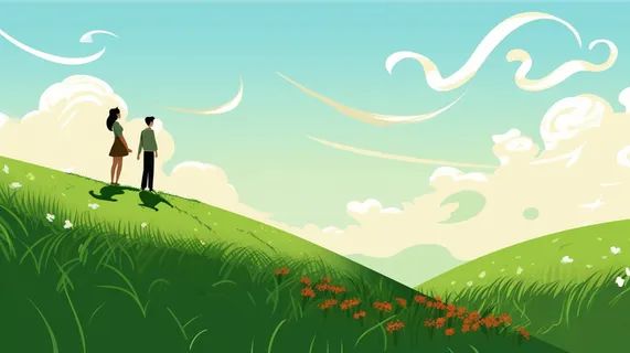 情侣在草原山坡上风吹白云蓝天卡通插画素材