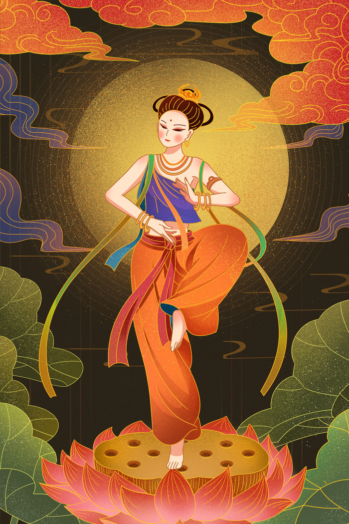 复古中国风国潮神话人物敦煌插画仙女手绘海报背景PSD设计素材