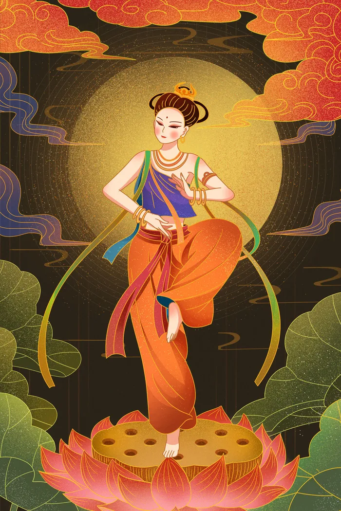 复古中国风国潮神话人物敦煌插画仙女手绘海报背景PSD设计素材
