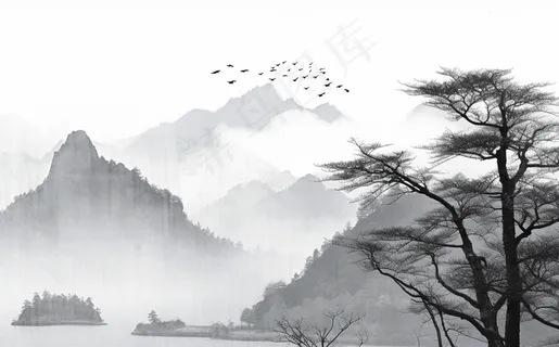 水墨画山水画松树黑白画