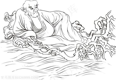 躺在树枝海上的僧人手绘线描108罗汉矢量绘画图片
