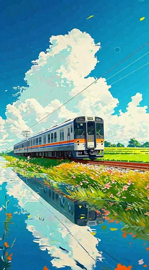 城市交通乡村铁路高铁，户外蓝天白云河边