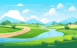 乡村村庄美丽风景河流插画农田插画背景