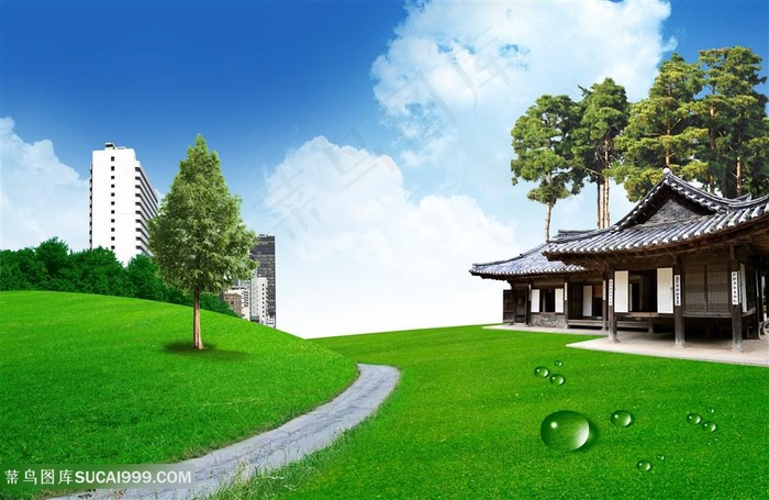草地木屋风景画韩式自然背景