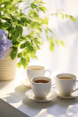 餐桌上的咖啡杯下午茶绿植阳光光影摄影图