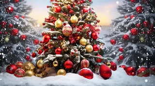 冬季圣诞树雪花彩球摄影图