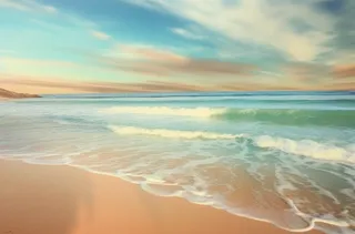 波涛汹涌的海岸倒映在沙滩上，浅青色和浅米色的风格，充满活力的舞台背景，宾得645n，迷人摄影图