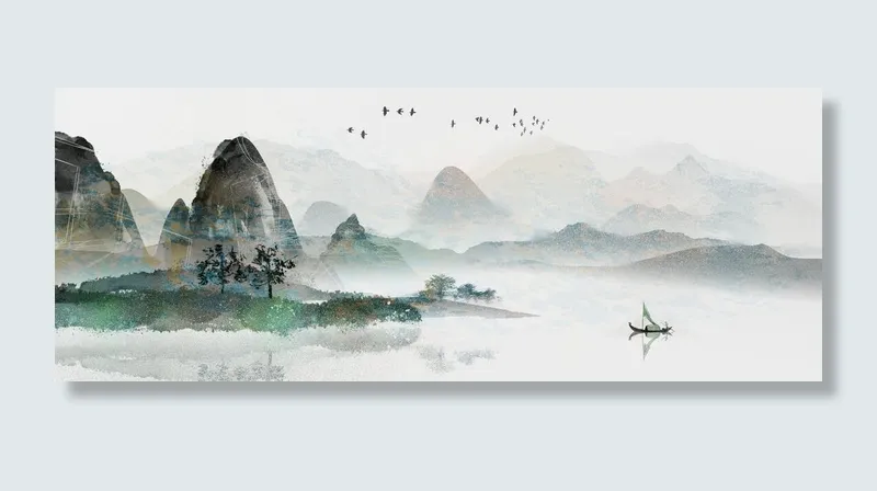 美丽山水湖风光绘画PSD素材psd模版下载