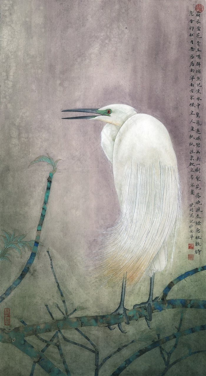 霜衣碧羽图国画