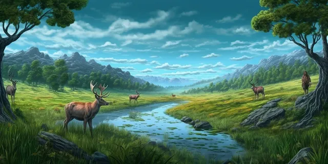 麋鹿在群山附近的草上漫步插画背景