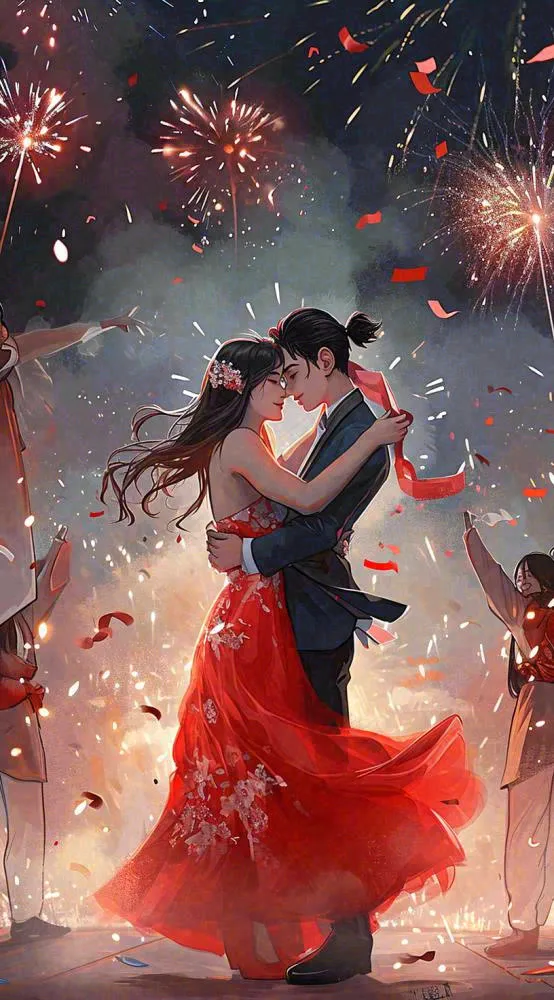 浪漫情人节爱心爱情夜晚烟花，跳舞插画(816x1472)
