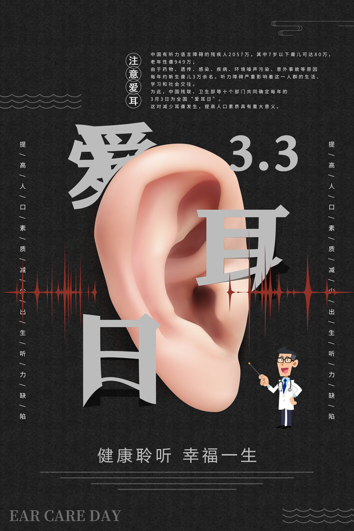 简约国际全国爱耳日保护听力健康医疗公益展板海报素材设计模板psd模版下载