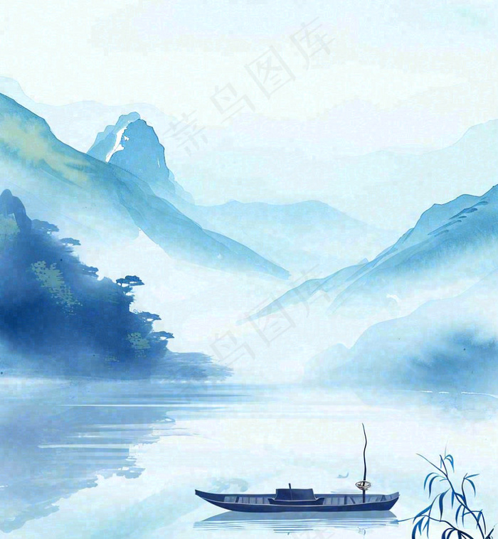 中国风意境湖面山脉云层山水画插画(919x995)