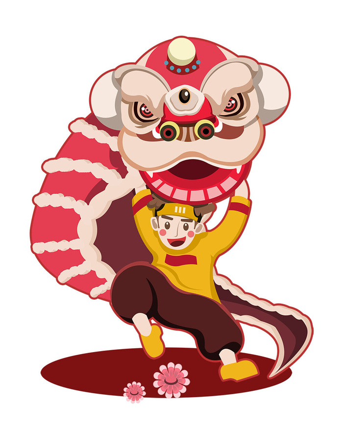 新年春节虎年元宵手绘人物舞狮卡通狮子头插画元素PSD设计素材